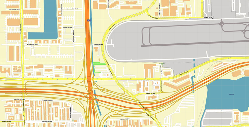 Miami Airport Map Vector Exact High Detailed Street Map editable Adobe Illustrator in layers