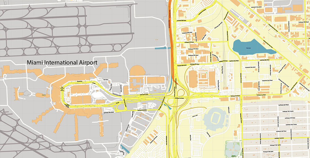 Miami Airport Map Vector Exact High Detailed Street Map editable Adobe Illustrator in layers