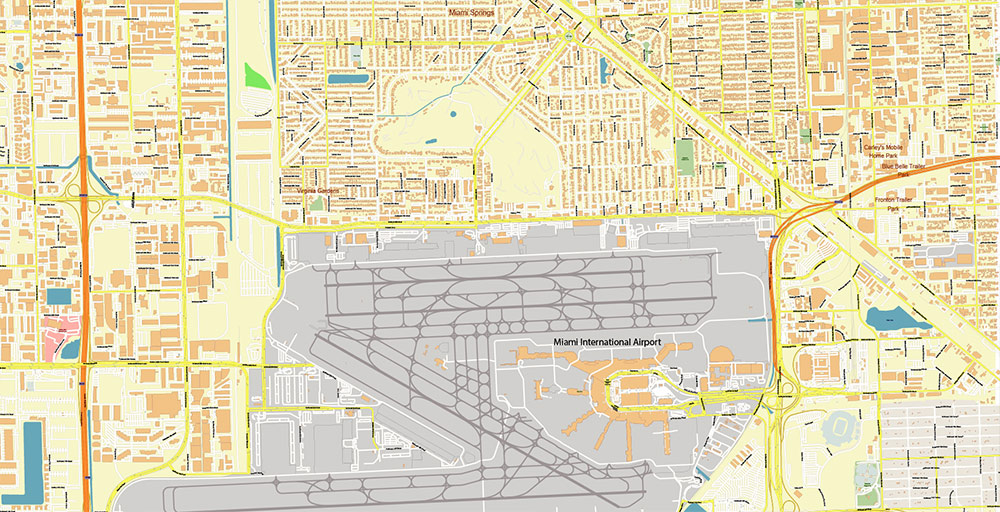 Miami Airport Map Vector Exact High Detailed Street Map editable Adobe Illustrator in layers