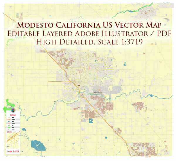 Modesto California USA Map Vector Exact City Plan High Detailed Street Map editable Adobe Illustrator in layers Modesto California USA Map Vector Exact City Plan High Detailed Street Map editable Adobe Illustrator in layers