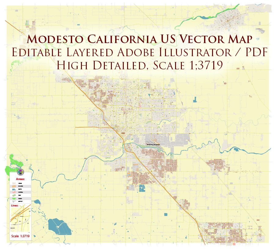 Modesto California USA Map Vector Exact City Plan High Detailed Street Map editable Adobe Illustrator in layers