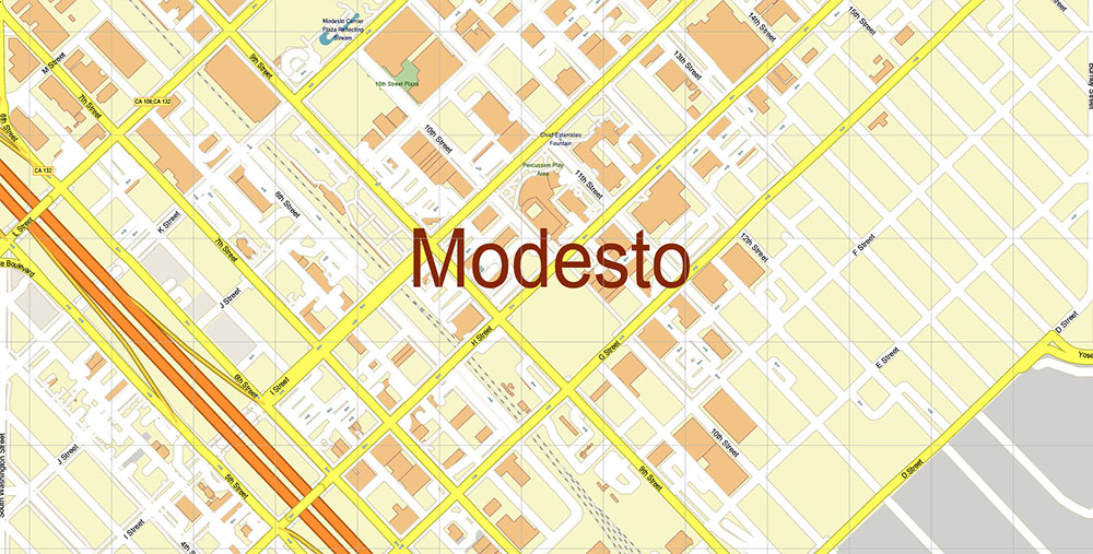 Modesto California USA Map Vector Exact City Plan High Detailed Street Map editable Adobe Illustrator in layers