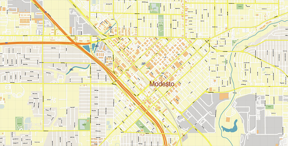 Modesto California USA Map Vector Exact City Plan High Detailed Street Map editable Adobe Illustrator in layers