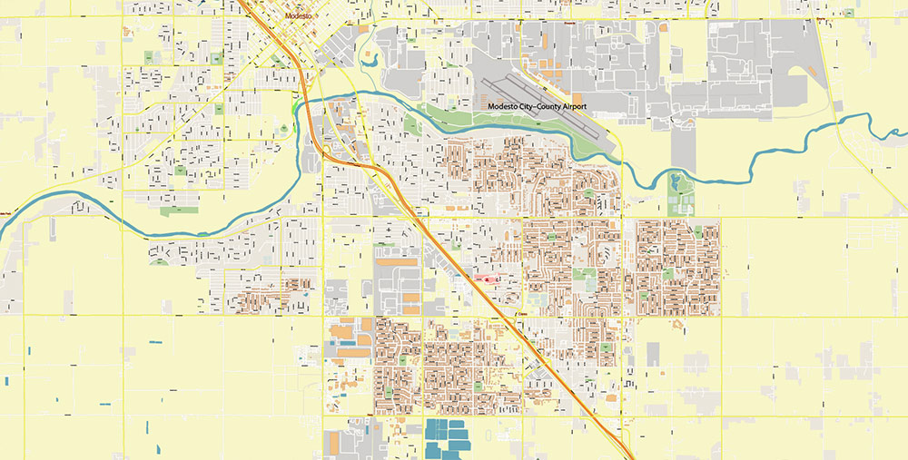 Modesto California USA Map Vector Exact City Plan High Detailed Street Map editable Adobe Illustrator in layers