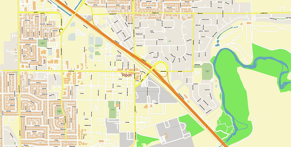Modesto California USA Map Vector Exact City Plan High Detailed Street Map editable Adobe Illustrator in layers