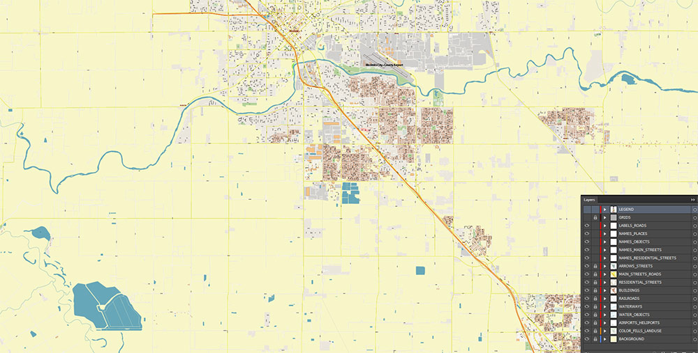 Modesto California USA Map Vector Exact City Plan High Detailed Street Map editable Adobe Illustrator in layers