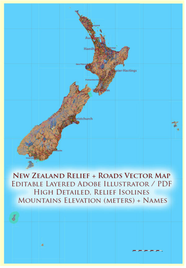 New Zealand complete country Map Vector Extra High Detailed Street Road Map + relief Isolines + Mountain Names editable Adobe Illustrator in layers
