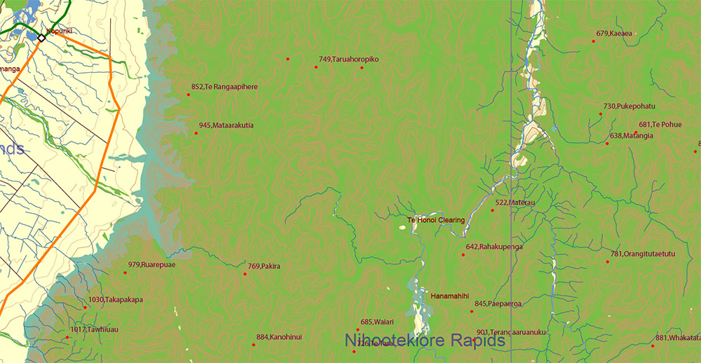 New Zealand complete country Map Vector Extra High Detailed Street Road Map + relief Isolines + Mountain Names editable Adobe Illustrator in layers