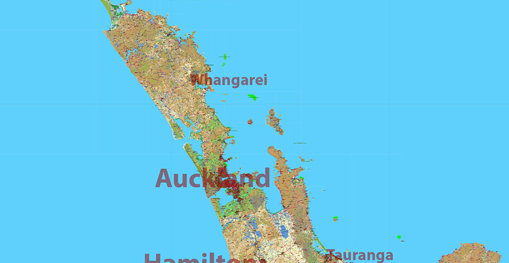 New Zealand complete country Map Vector Extra High Detailed Street Road Map + relief Isolines + Mountain Names editable Adobe Illustrator in layers