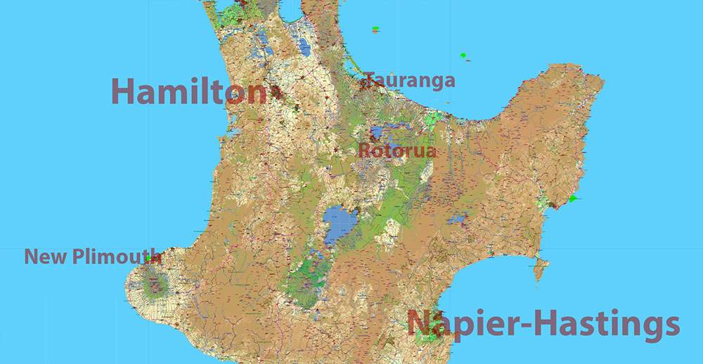 New Zealand complete country Map Vector Extra High Detailed Street Road Map + relief Isolines + Mountain Names editable Adobe Illustrator in layers