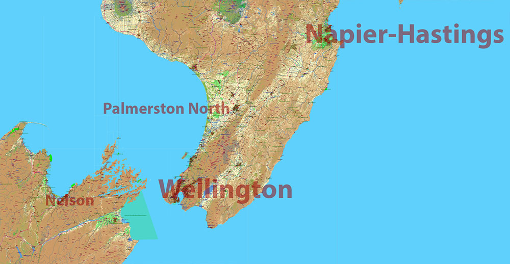 New Zealand complete country Map Vector Extra High Detailed Street Road Map + relief Isolines + Mountain Names editable Adobe Illustrator in layers