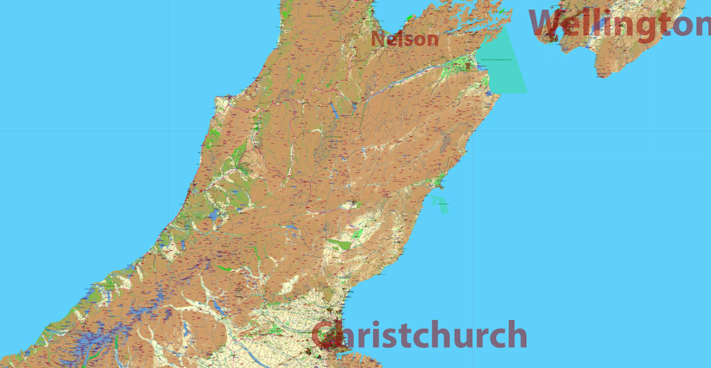 New Zealand complete country Map Vector Extra High Detailed Street Road Map + relief Isolines + Mountain Names editable Adobe Illustrator in layers
