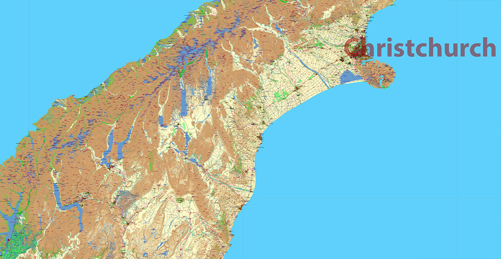New Zealand complete country Map Vector Extra High Detailed Street Road Map + relief Isolines + Mountain Names editable Adobe Illustrator in layers