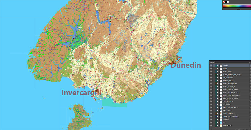 New Zealand complete country Map Vector Extra High Detailed Street Road Map + relief Isolines + Mountain Names editable Adobe Illustrator in layers