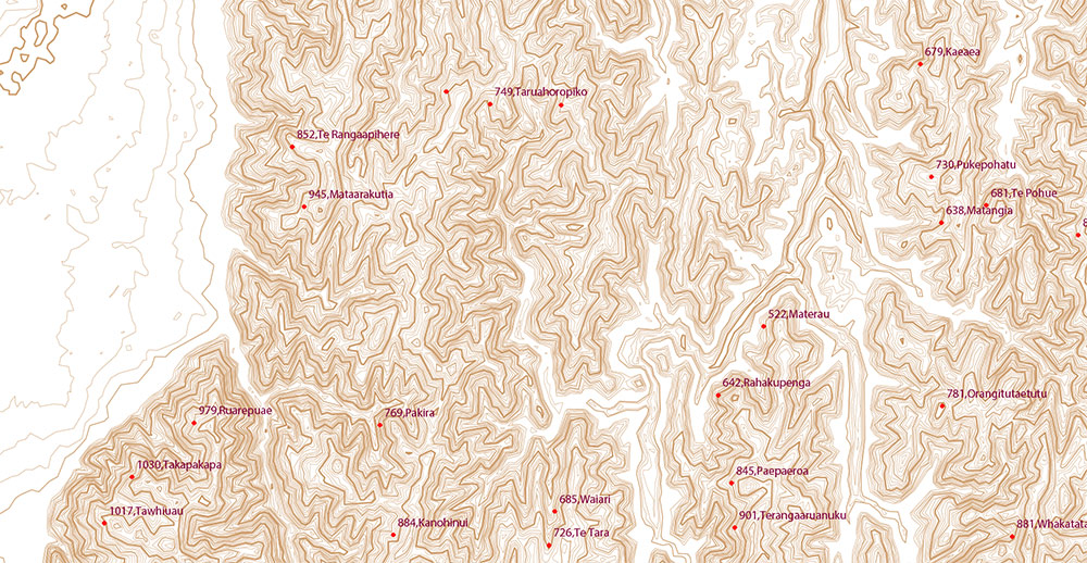 New Zealand complete country Map Vector Extra High Detailed Street Road Map + relief Isolines + Mountain Names editable Adobe Illustrator in layers