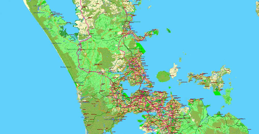 New Zealand complete country Map Vector Extra High Detailed Street Road Map + relief Isolines + Mountain Names editable Adobe Illustrator in layers