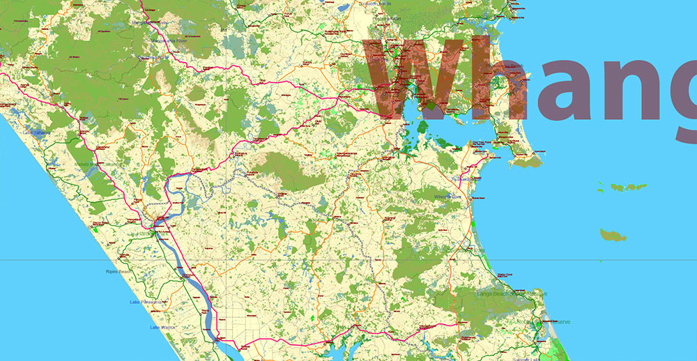 New Zealand complete country Map Vector Extra High Detailed Street Road Map + relief Isolines + Mountain Names editable Adobe Illustrator in layers