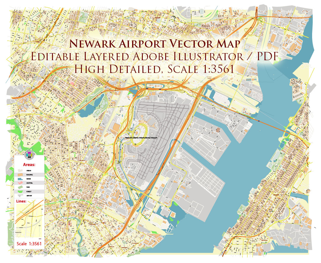 Newark Airport Map Vector Exact High Detailed Street Map editable Adobe Illustrator in layers