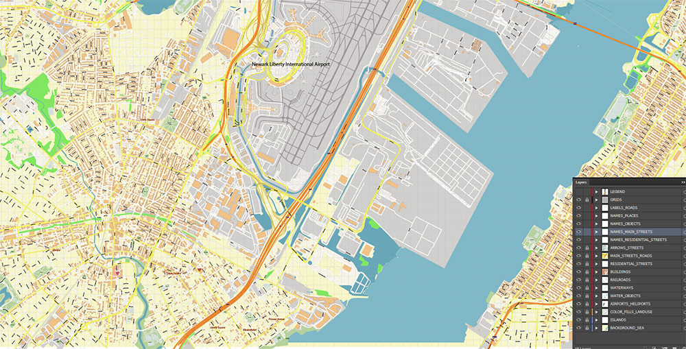 Newark Airport Map Vector Exact High Detailed Street Map editable Adobe Illustrator in layers
