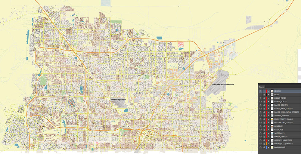 North Las Vegas Nevada USA Map Vector Exact City Plan High Detailed Street Map editable Adobe Illustrator in layers