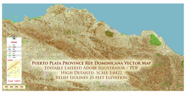 Puerto Plata Dominicana Relief Map Vector Exact High Detailed Road Map editable Adobe Illustrator in layers Puerto Plata Dominicana Relief Map Vector Exact High Detailed Road Map editable Adobe Illustrator in layers
