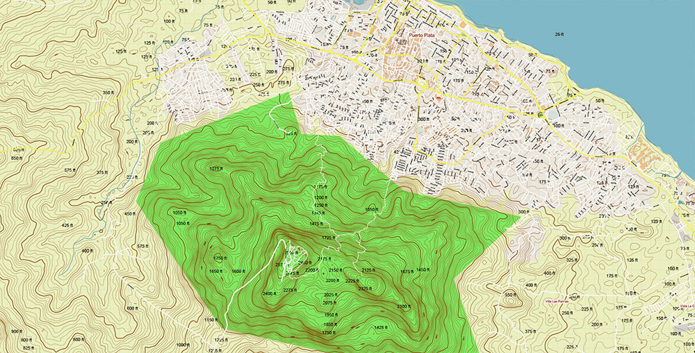 Puerto Plata Dominicana Relief Map Vector Exact High Detailed Road Map editable Adobe Illustrator in layers