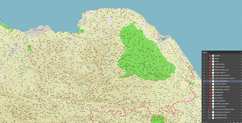 Puerto Plata Dominicana Relief Map Vector Exact High Detailed Road Map editable Adobe Illustrator in layers