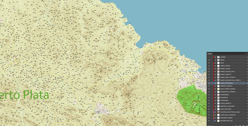 Puerto Plata Dominicana Relief Map Vector Exact High Detailed Road Map editable Adobe Illustrator in layers