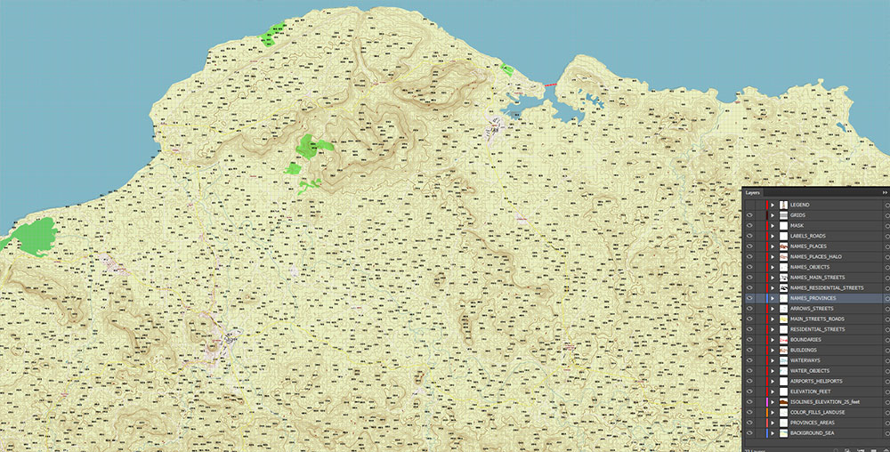 Puerto Plata Dominicana Relief Map Vector Exact High Detailed Road Map editable Adobe Illustrator in layers