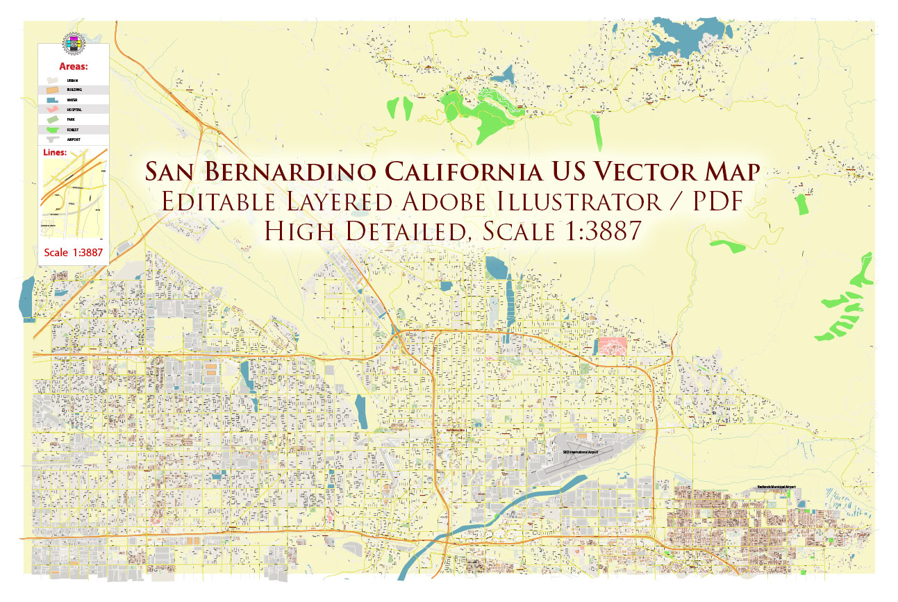 San Bernardino California USA Map Vector Exact City Plan High Detailed Street Map editable Adobe Illustrator in layers