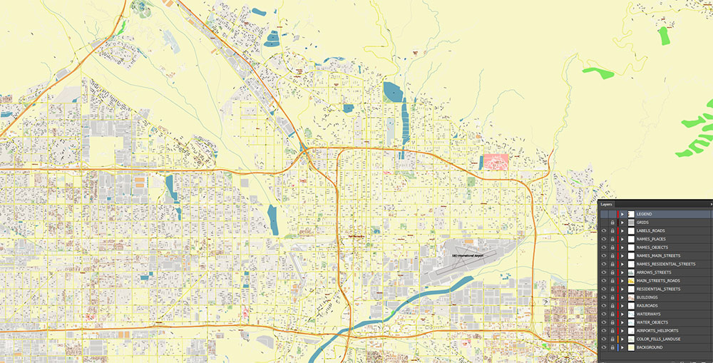 San Bernardino California USA Map Vector Exact City Plan High Detailed Street Map editable Adobe Illustrator in layers