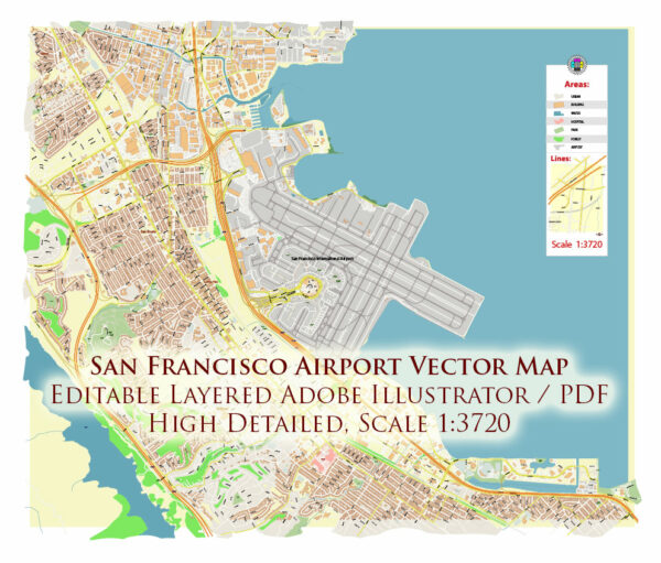 San Francisco Airport Map Vector Exact High Detailed Street Map editable Adobe Illustrator in layers