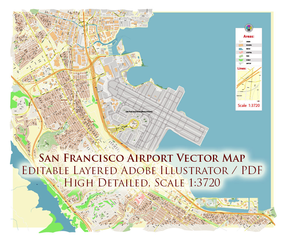 San Francisco Airport Map Vector Exact High Detailed Street Map editable Adobe Illustrator in layers