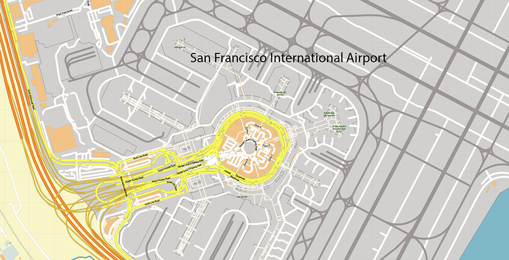 San Francisco Airport Map Vector Exact High Detailed Street Map editable Adobe Illustrator in layers