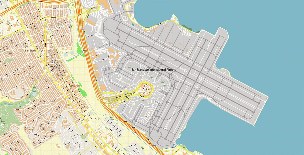 San Francisco Airport Map Vector Exact High Detailed Street Map editable Adobe Illustrator in layers