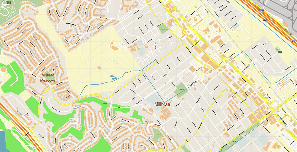 San Francisco Airport Map Vector Exact High Detailed Street Map editable Adobe Illustrator in layers