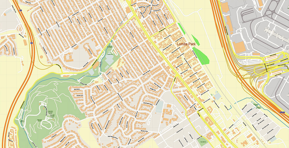 San Francisco Airport Map Vector Exact High Detailed Street Map editable Adobe Illustrator in layers