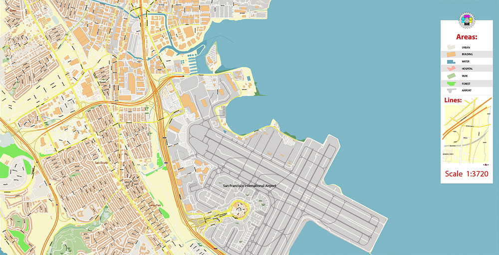 San Francisco Airport Map Vector Exact High Detailed Street Map editable Adobe Illustrator in layers