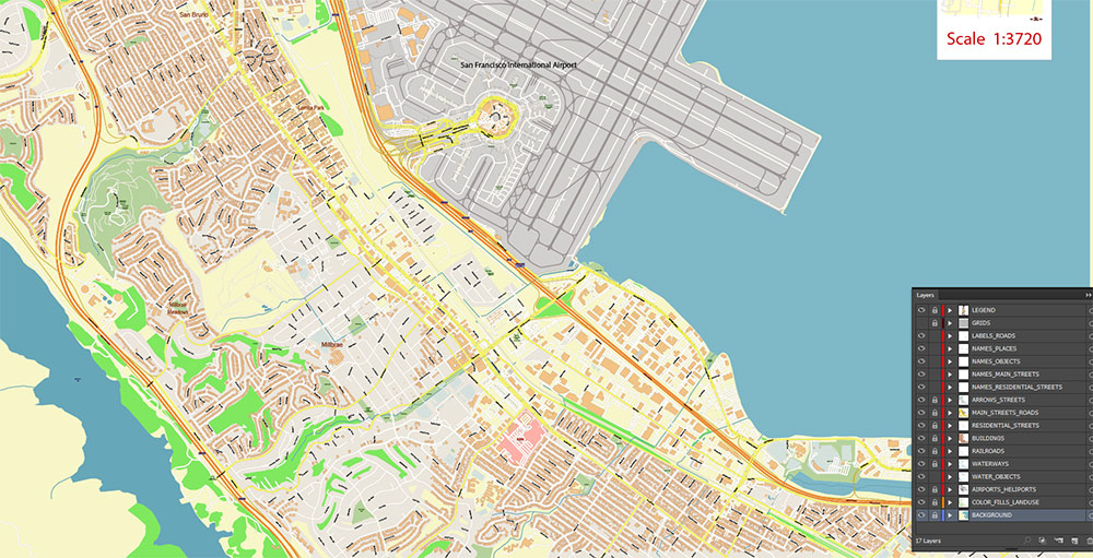 San Francisco Airport Map Vector Exact High Detailed Street Map editable Adobe Illustrator in layers