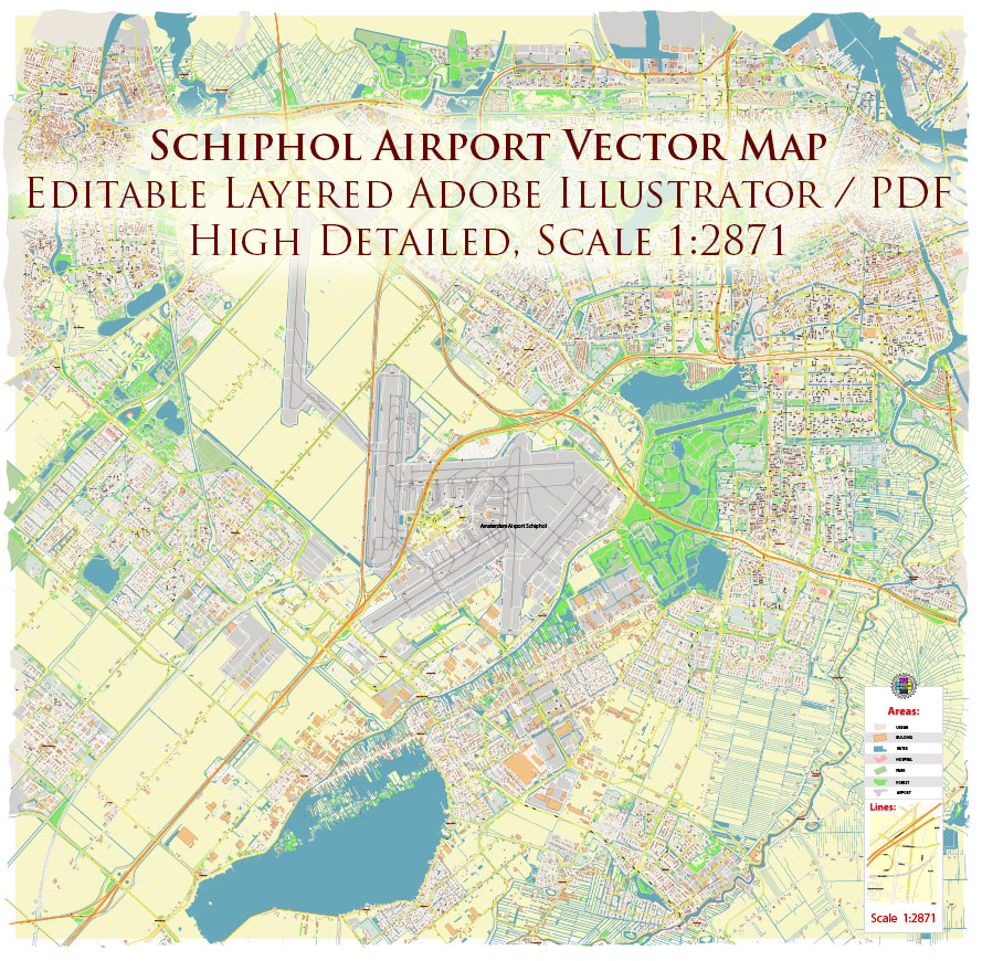 Schiphol Airport Map Vector Exact High Detailed Street Map editable Adobe Illustrator in layers