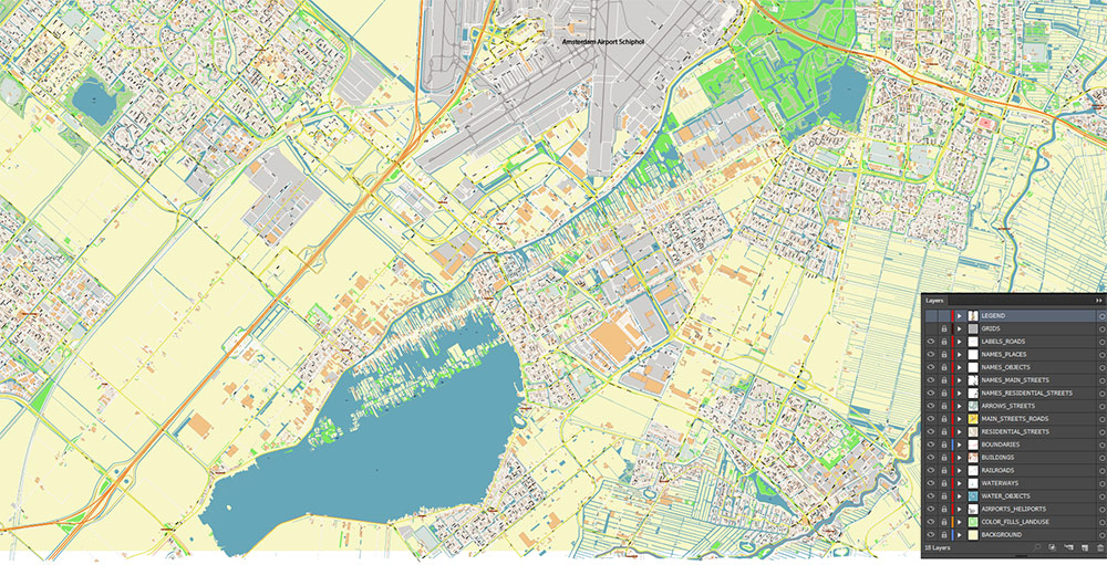 Schiphol Airport Map Vector Exact High Detailed Street Map editable Adobe Illustrator in layers