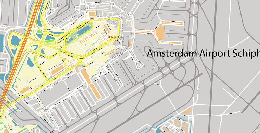 Schiphol Airport Map Vector Exact High Detailed Street Map editable Adobe Illustrator in layers