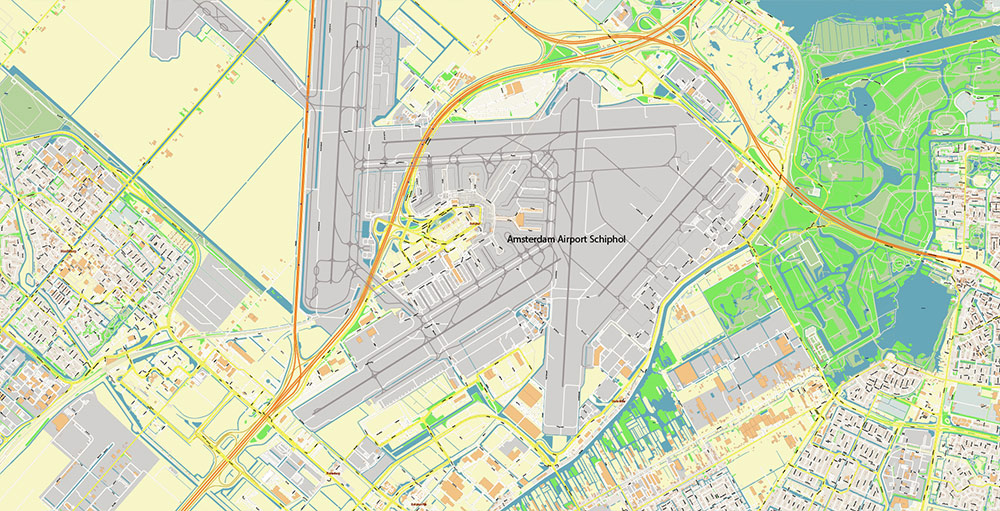 Schiphol Airport Map Vector Exact High Detailed Street Map editable Adobe Illustrator in layers