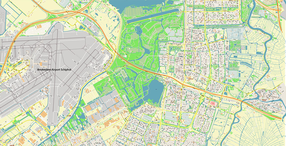 Schiphol Airport Map Vector Exact High Detailed Street Map editable Adobe Illustrator in layers