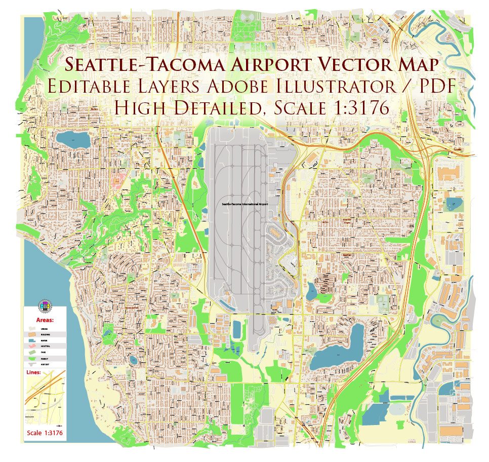 Seattle Airport Map Vector Exact High Detailed Street Map editable Adobe Illustrator in layers