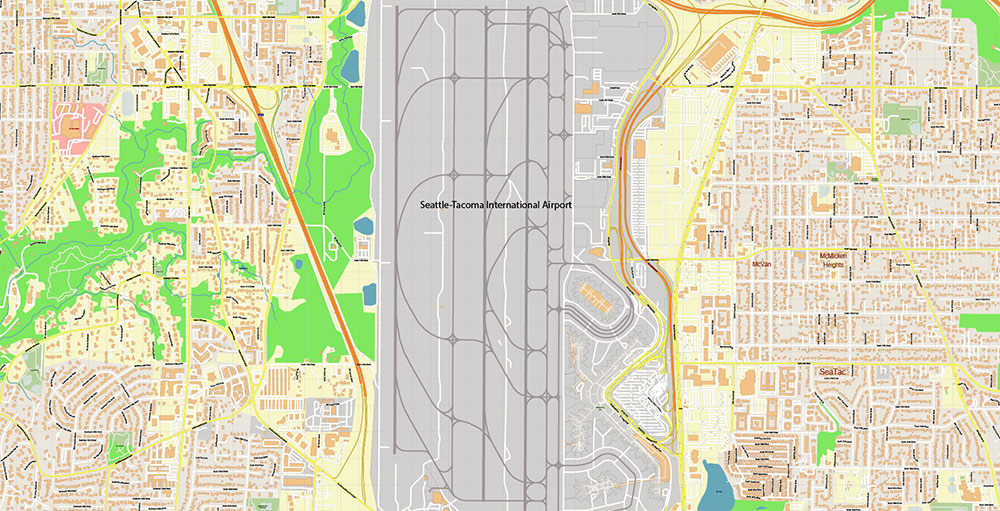 Seattle Airport Map Vector Exact High Detailed Street Map editable Adobe Illustrator in layers