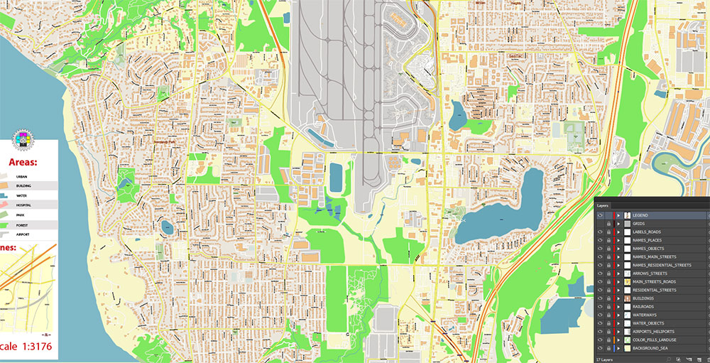 Seattle Airport Map Vector Exact High Detailed Street Map editable Adobe Illustrator in layers
