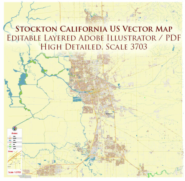 Stockton California USA Map Vector Exact City Plan High Detailed Street Map editable Adobe Illustrator in layers