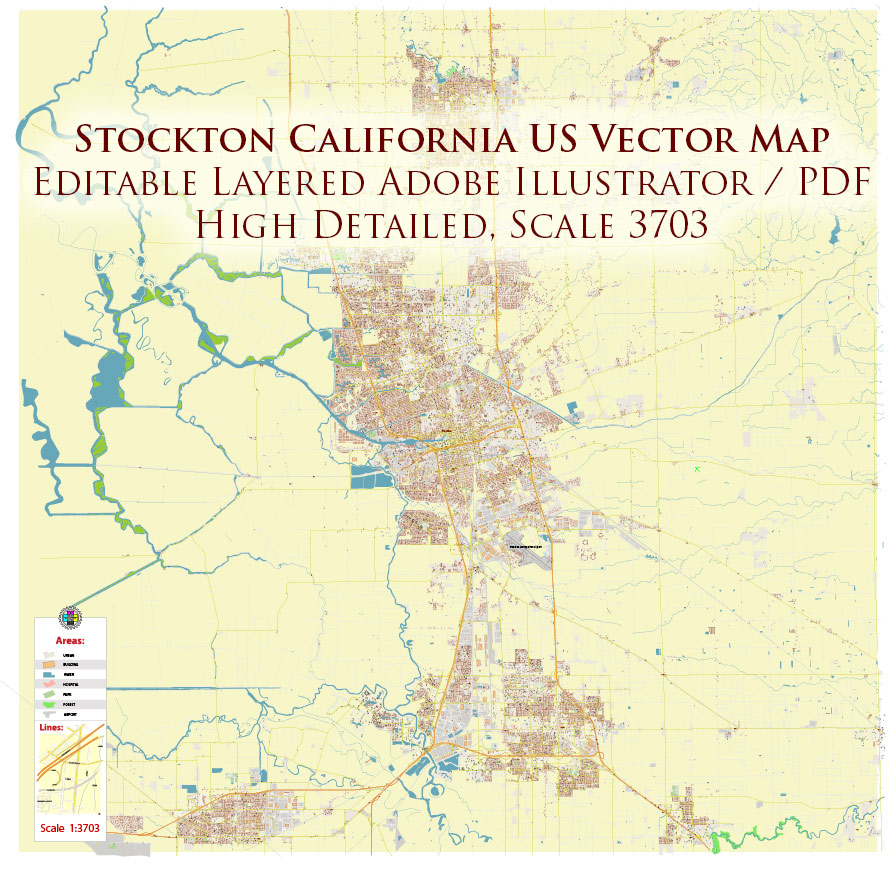 Stockton California USA Map Vector Exact City Plan High Detailed Street Map editable Adobe Illustrator in layers