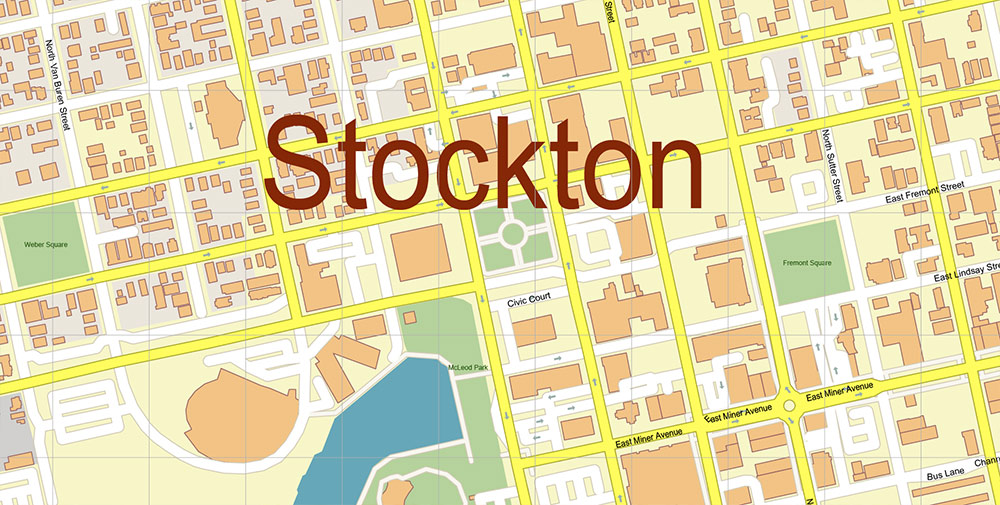 Stockton California USA Map Vector Exact City Plan High Detailed Street Map editable Adobe Illustrator in layers